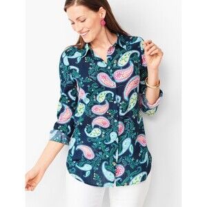 Talbots classic button down paisley Size XL navy thin light cotton long sleeve